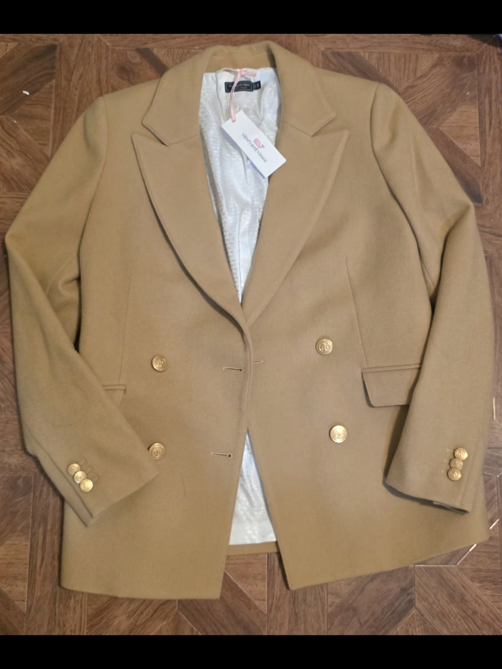 Vineyard Vines Camel Double-Breasted Wool Blazer with Gold Buttons